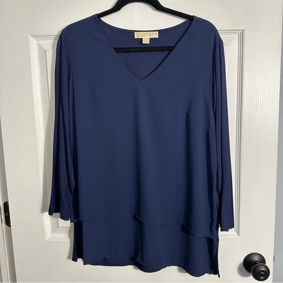 Michael Kors size L navy blue v-neck pullover tunic top, layered chiffon, flowy - Picture 1 of 12